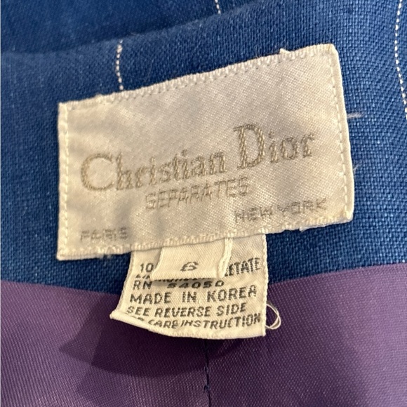 80s DIOR BLUE LINEN PINSTRIPE LUXURY BOXY DOUBLE BREASTED COLLARLESS BLAZER SZ 6 - Picture 8 of 9